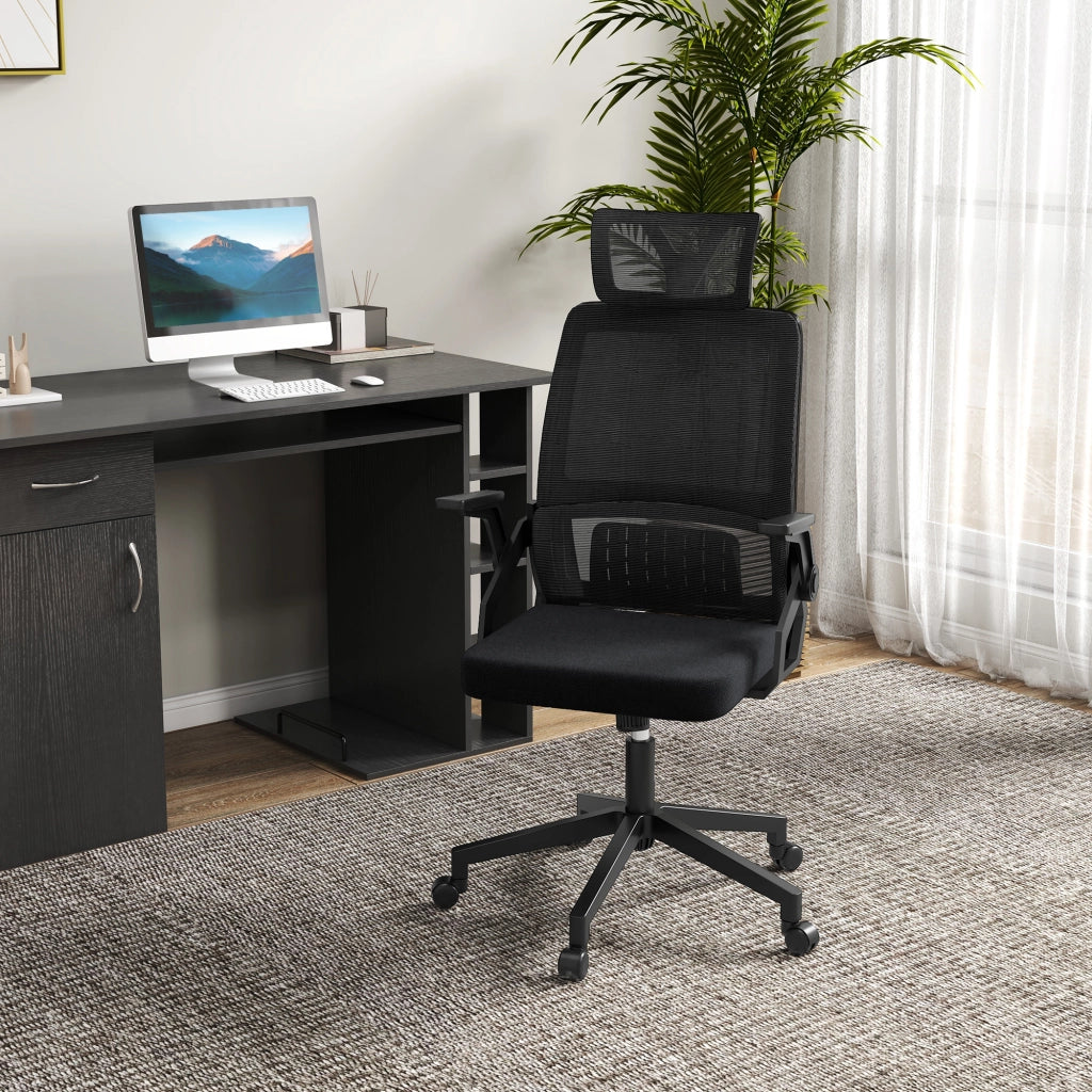 Sedia da ufficio ergonomica girevole con poggiatesta e supporto lombare in rete nera