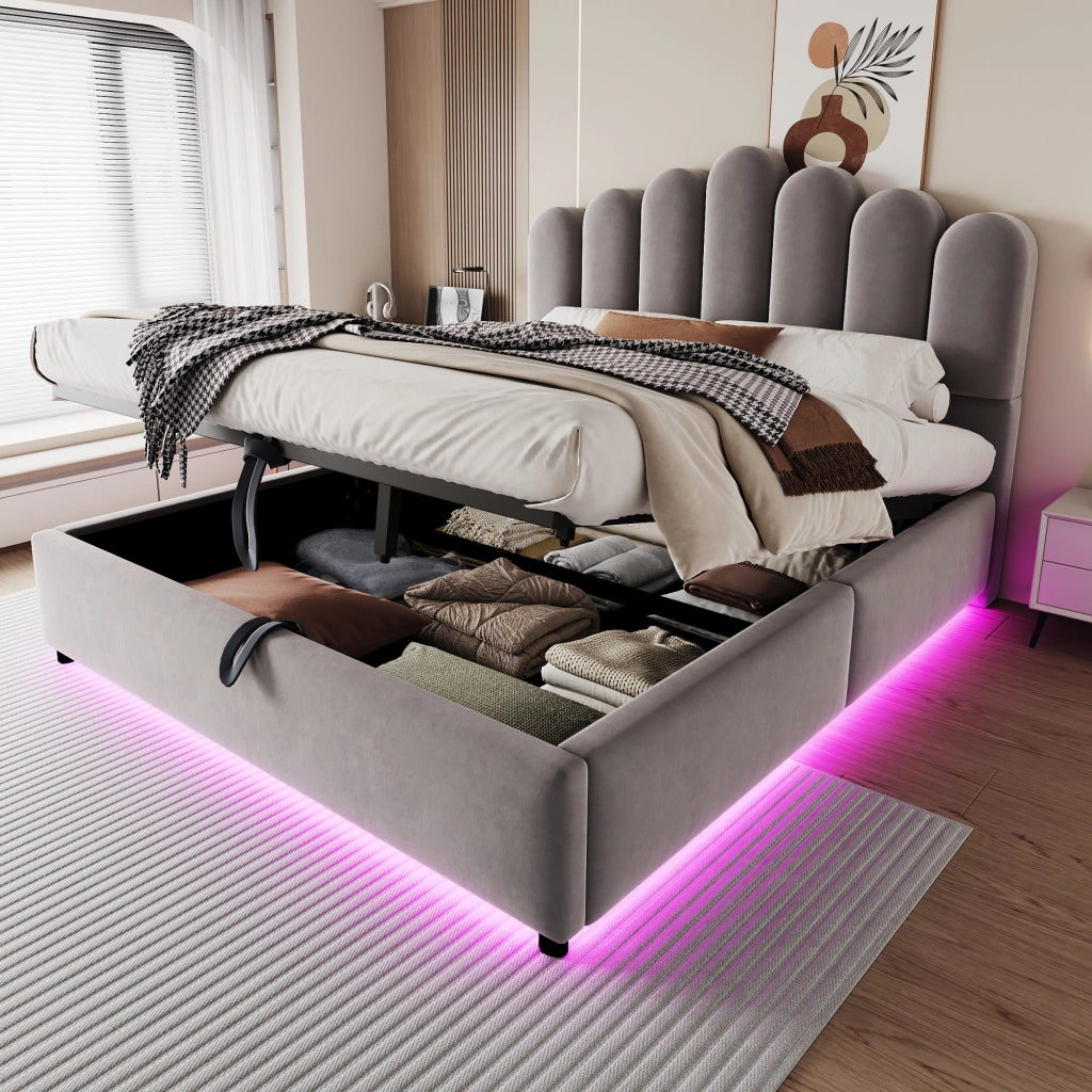 Letto Contenitore 140x200 cm Imbottito in Velluto Grigio con Testiera Morbida e Illuminazione LED