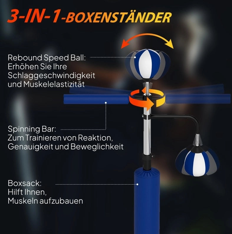 Supporto da palestra con due speedball, asta rotante e imbottitura kick, regolabile in altezza 140-205 cm, acciaio blu
