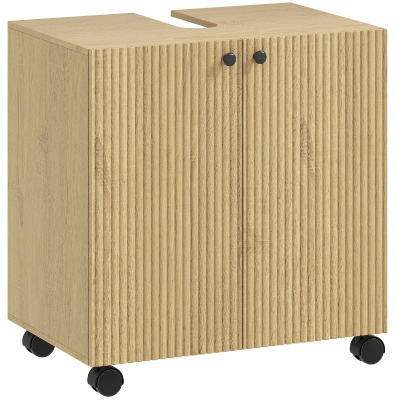 Mobile mobile bagno con tre ripiani regolabili e porta a chiusura soft, con taglio a U per lavabo senza piedistallo, finitura legno