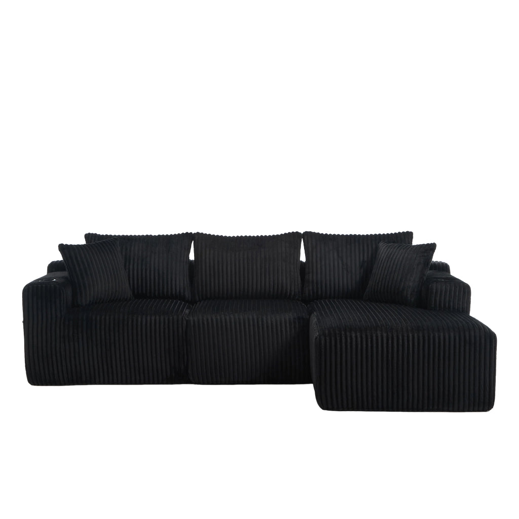 Divano modulare con chaise longue e 2 posti in velluto a coste nero con 5 cuscini