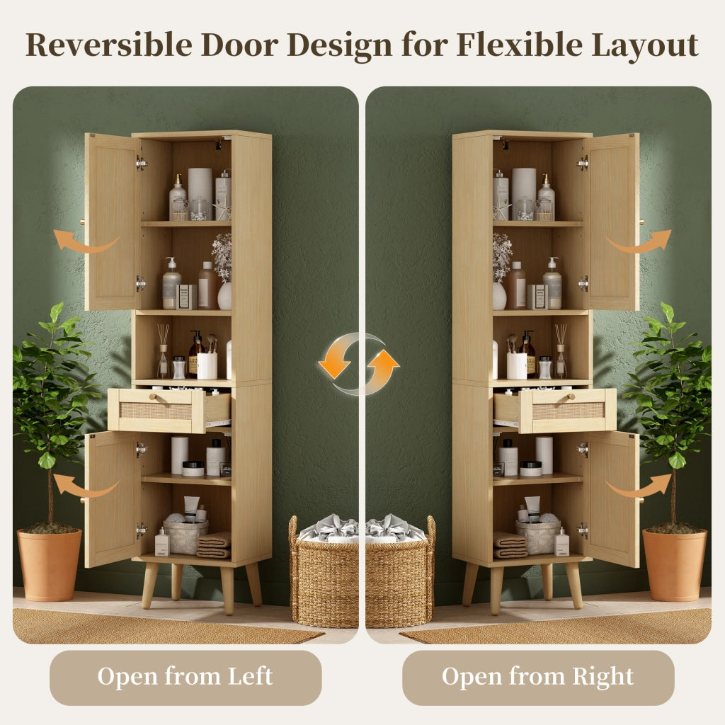Colonna da bagno autoportante con ante reversibili in rattan; cassetto e ripiani aperti color legno naturale 40 × 30 × 166 cm