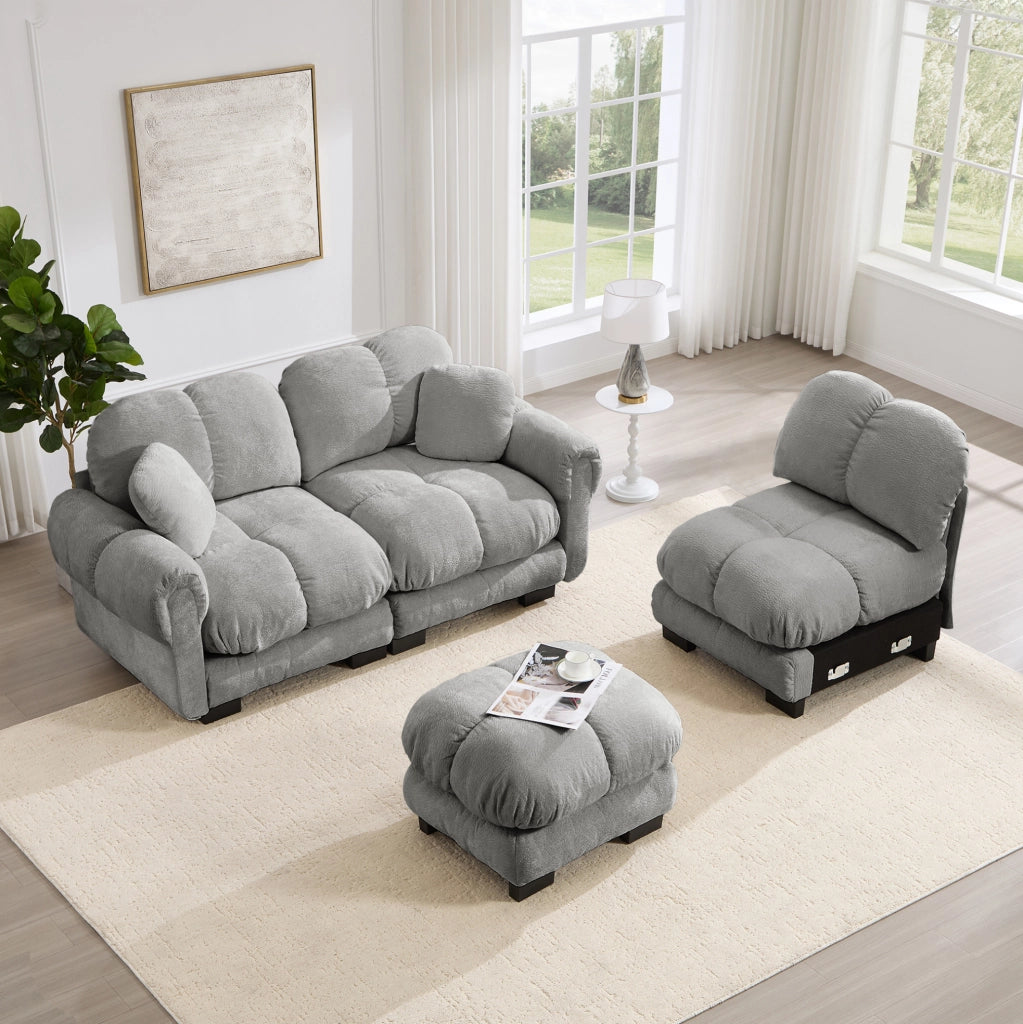 Divano angolare a L a 3 posti in tessuto chenille grigio chiaro con pouf mobile e 2 cuscini decorativi