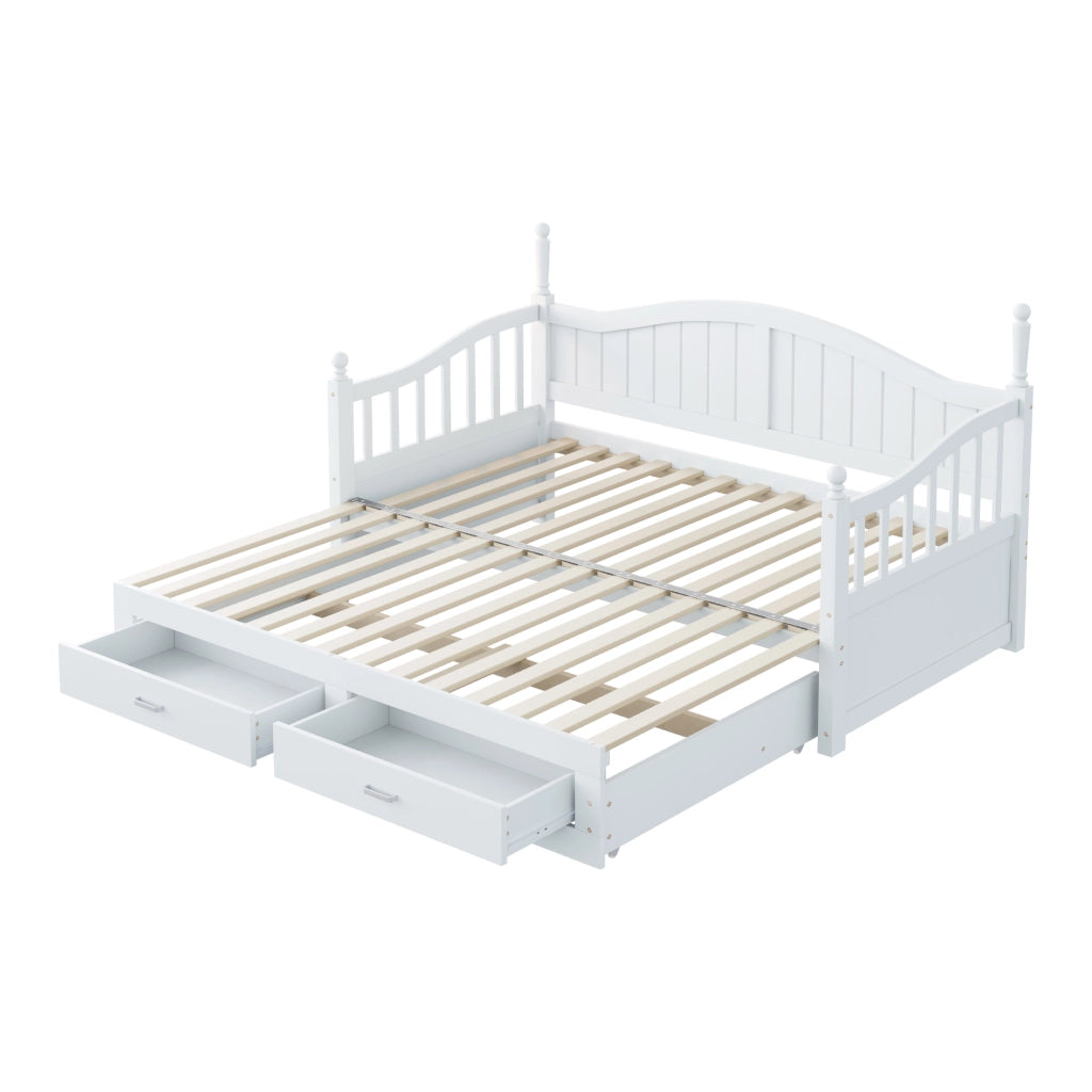 Letto estraibile singolo 90×190 cm e 180×190 cm con 2 cassetti e rete; senza materasso; legno; bianco