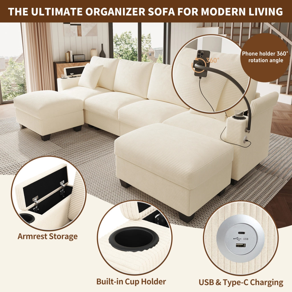 Divano modulare 5–6 posti con funzione letto porta cellulare girevole USB USB-C in velluto a coste beige