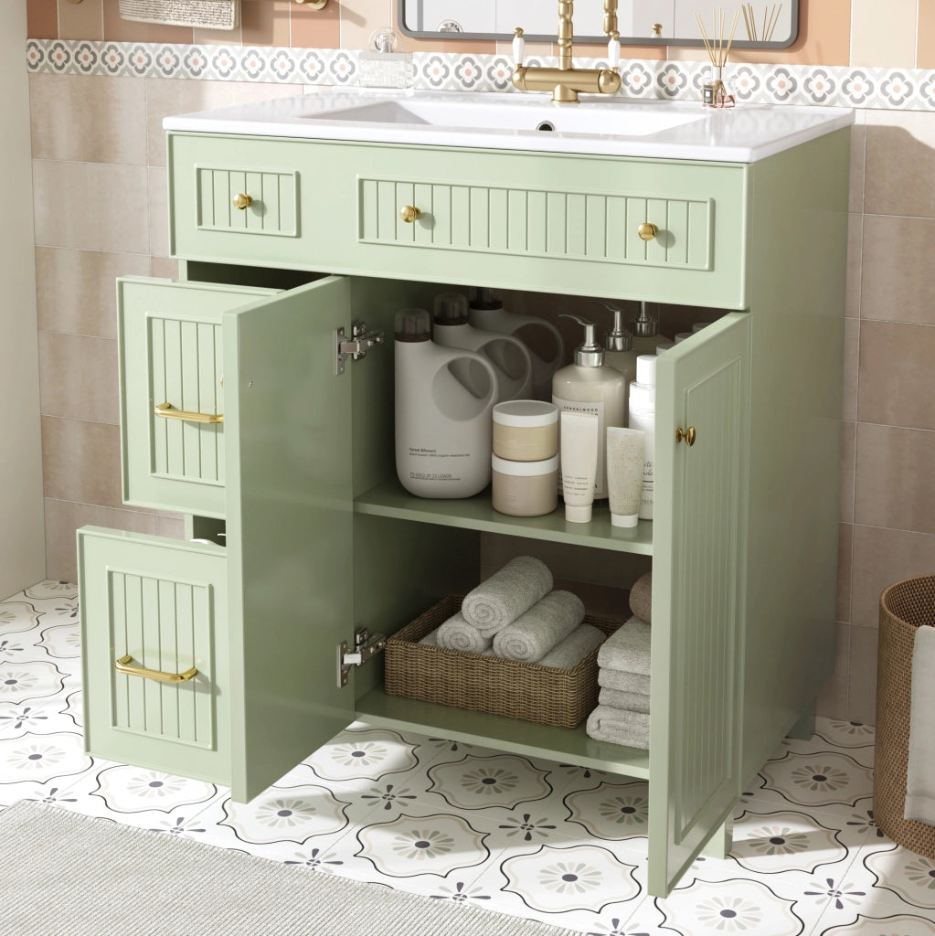 Mobile bagno con lavabo in ceramica 81,7 cm, struttura in MDF verniciato, piedini in legno massello di pino, colore verde
