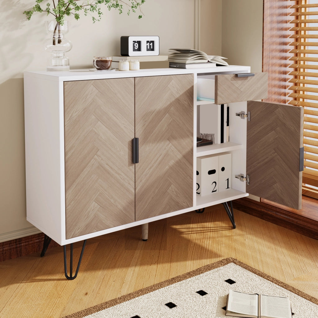 Mobile contenitore moderno bianco e effetto legno, 1 cassetto, ripiani regolabili in altezza (90 x 30 x 71,5 cm)