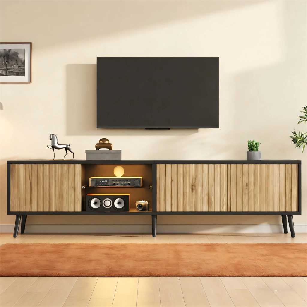 Mobile TV LED con 3 ante e ripiani in vetro regolabili per soggiorno, legno naturale e nero, 175 × 31 × 43.5 cm