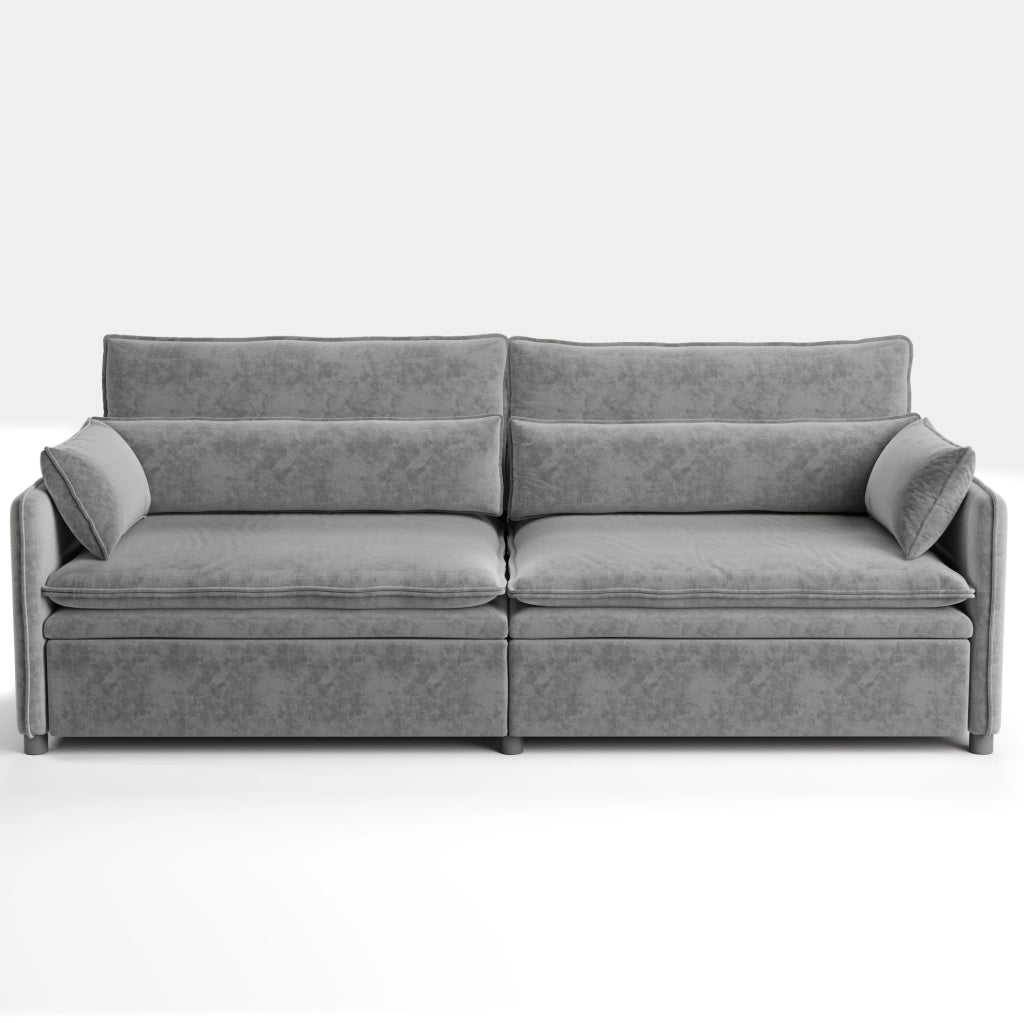 Divano letto 3 posti 206 cm in chenille con vano contenitore, schienale regolabile e cuscini bracciolo mobili, colore grigio chiaro