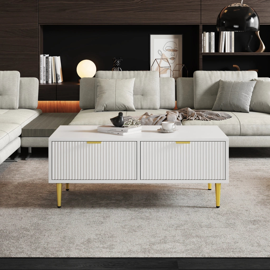 Tavolino da caffè moderno bianco con dettagli oro, 2 cassetti, 100 x 50 x 40 cm