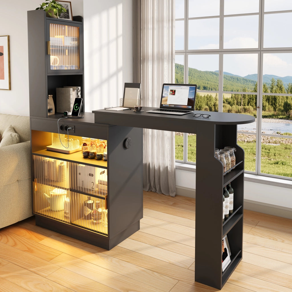 Tavolo alto allungabile con contenitori LED; prese; USB e USB-C in MDF nero 131–170 × 40 × 170 cm