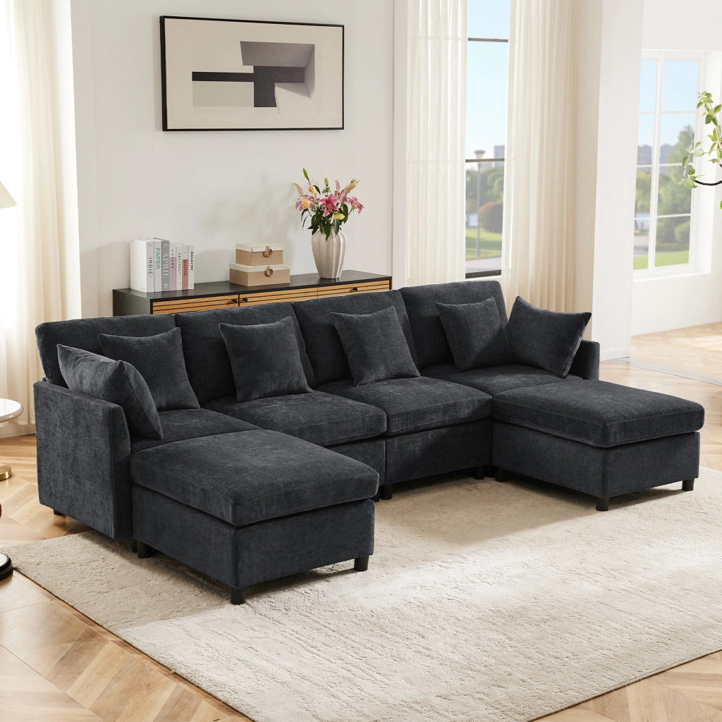 Divano modulare in ciniglia con seduta profonda 2 pouf e 6 cuscini per soggiorno moderno grigio 278 × 161 × 81 cm