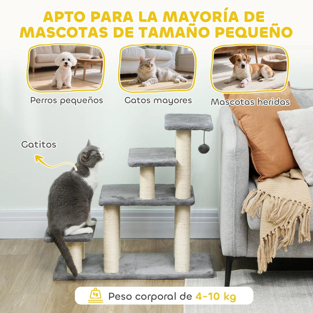 Scala per Animali Domestici Regolabile ¨C Xylo ¨C 3/4 Gradini con Tiragraffi e Palla Sospesa Grigio