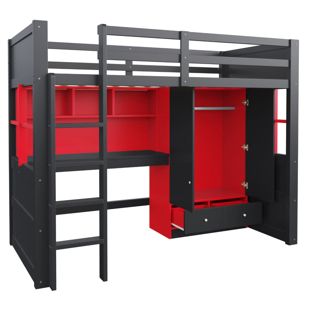 Letto a soppalco 90x200 cm stile gaming con scrivania e armadio nero e rosso HOMVRA