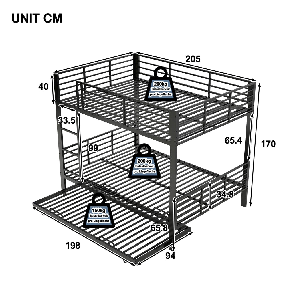 Letto a castello 140×200 cm 3 posti con letto estraibile e barriere di sicurezza, senza materasso, in metallo, nero