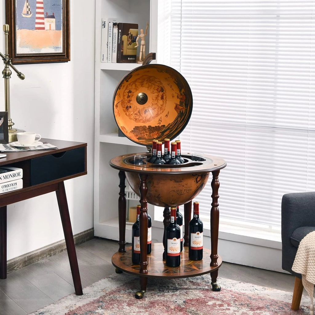 Porta Liquori Mappamondo, Portavino con Ruote, Credenza per Vino con Stile Retrò per Bar Sala da Pranzo e Salone, Diametro 45 cm