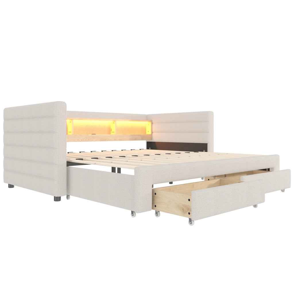 Divano letto estraibile 90x190 cm con LED, USB e USB-C in velluto beige