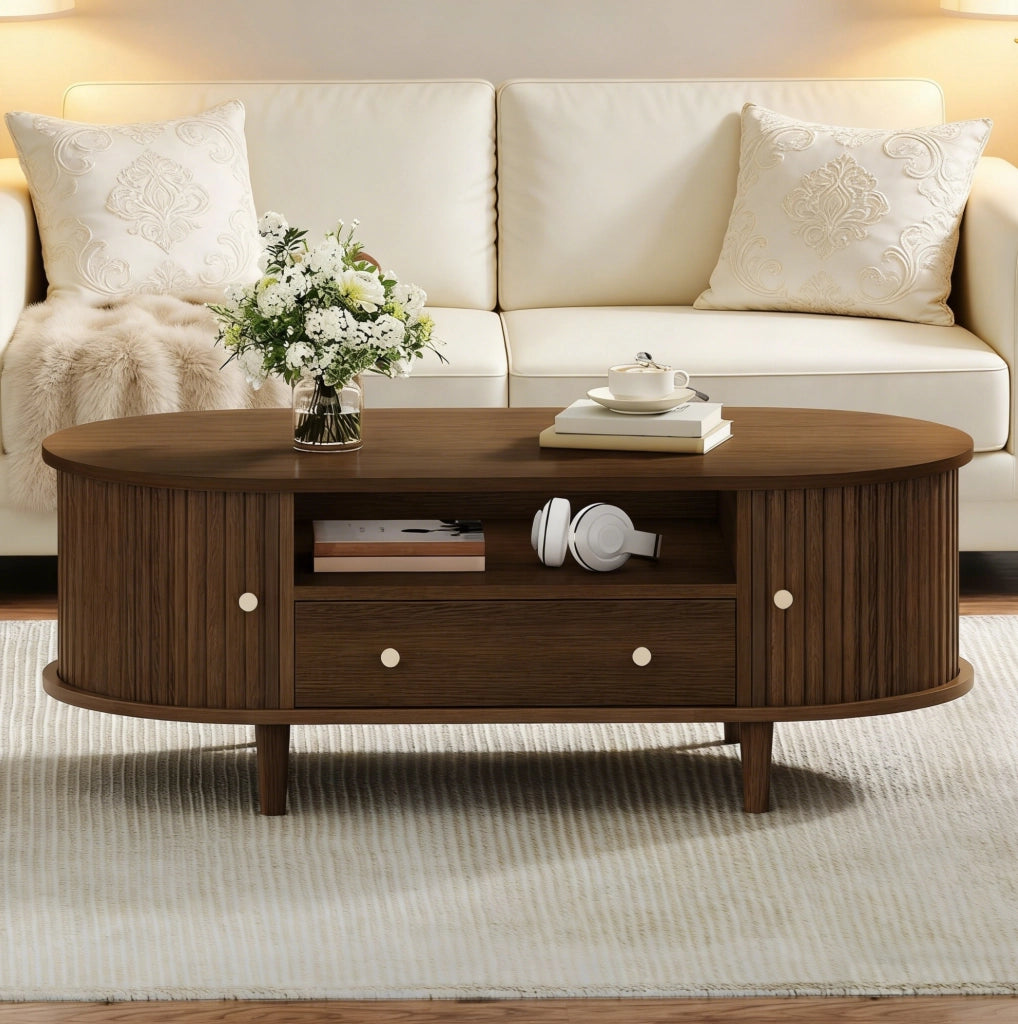 Tavolino da caffè ovale 100x50x36 cm in MDF color noce con 1 cassetto e anta a rullo