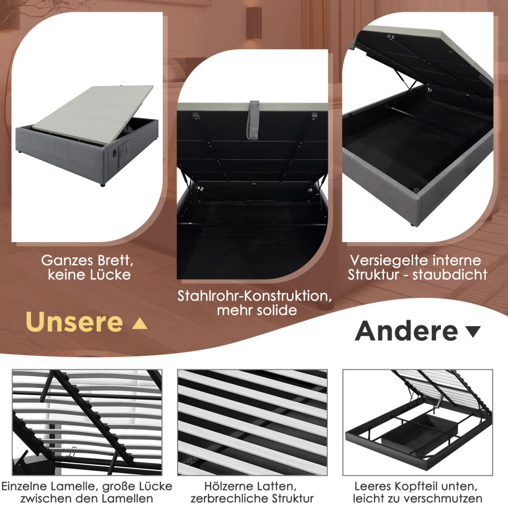 Letto contenitore 140 x 200 cm grigio con USB e porta Type-C