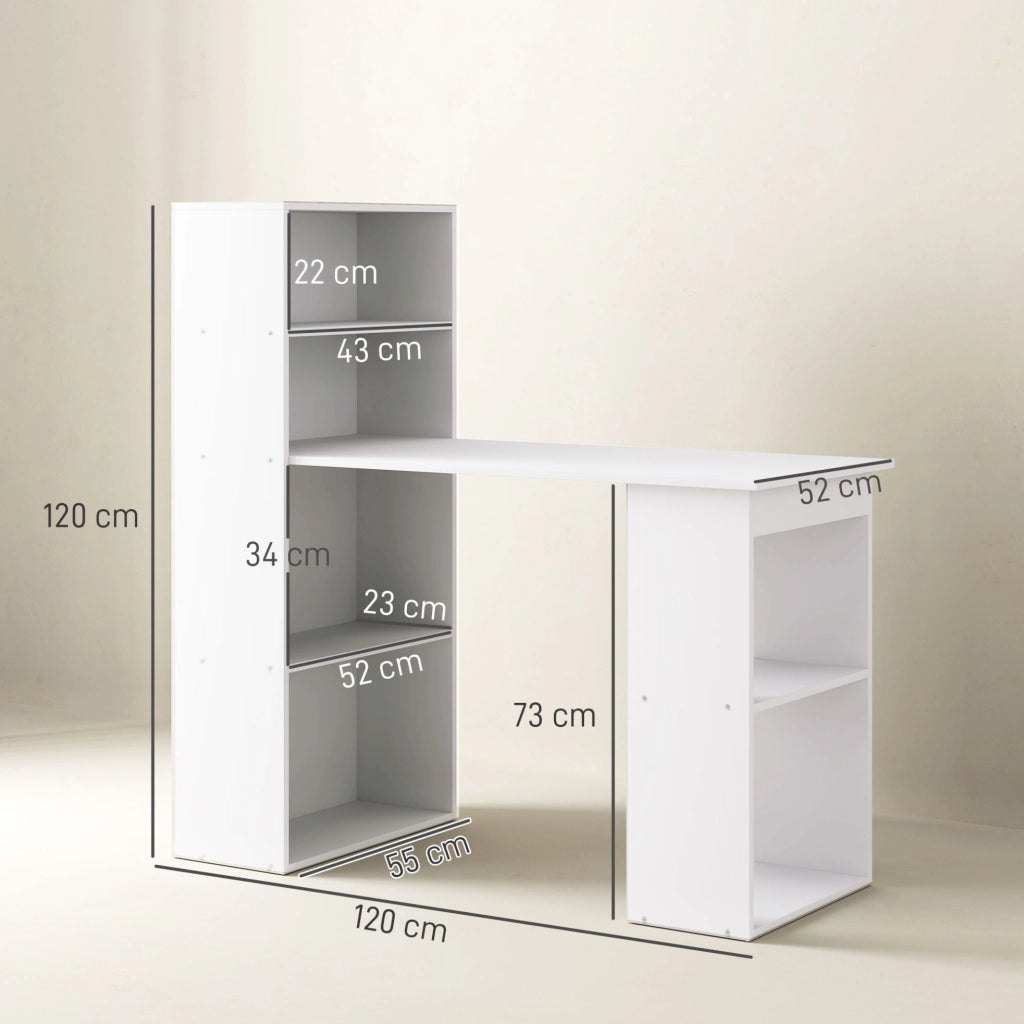 Scrivania bianca 120x55 cm con mensole, tavolo da lavoro e laptop per ufficio e casa