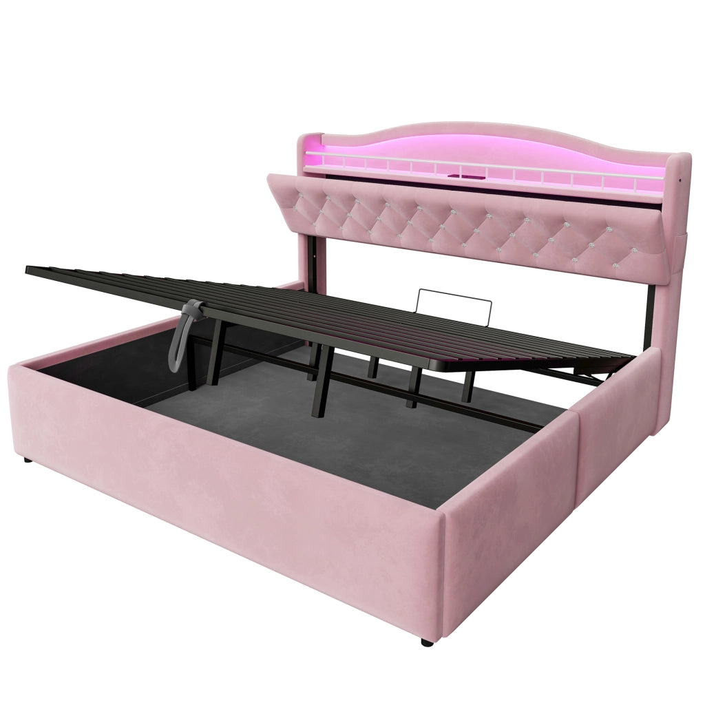 Letto Matrimoniale 180x200 cm con Contenitore Idraulico; Rivestimento in Velluto Rosa e Testiera LED con USB