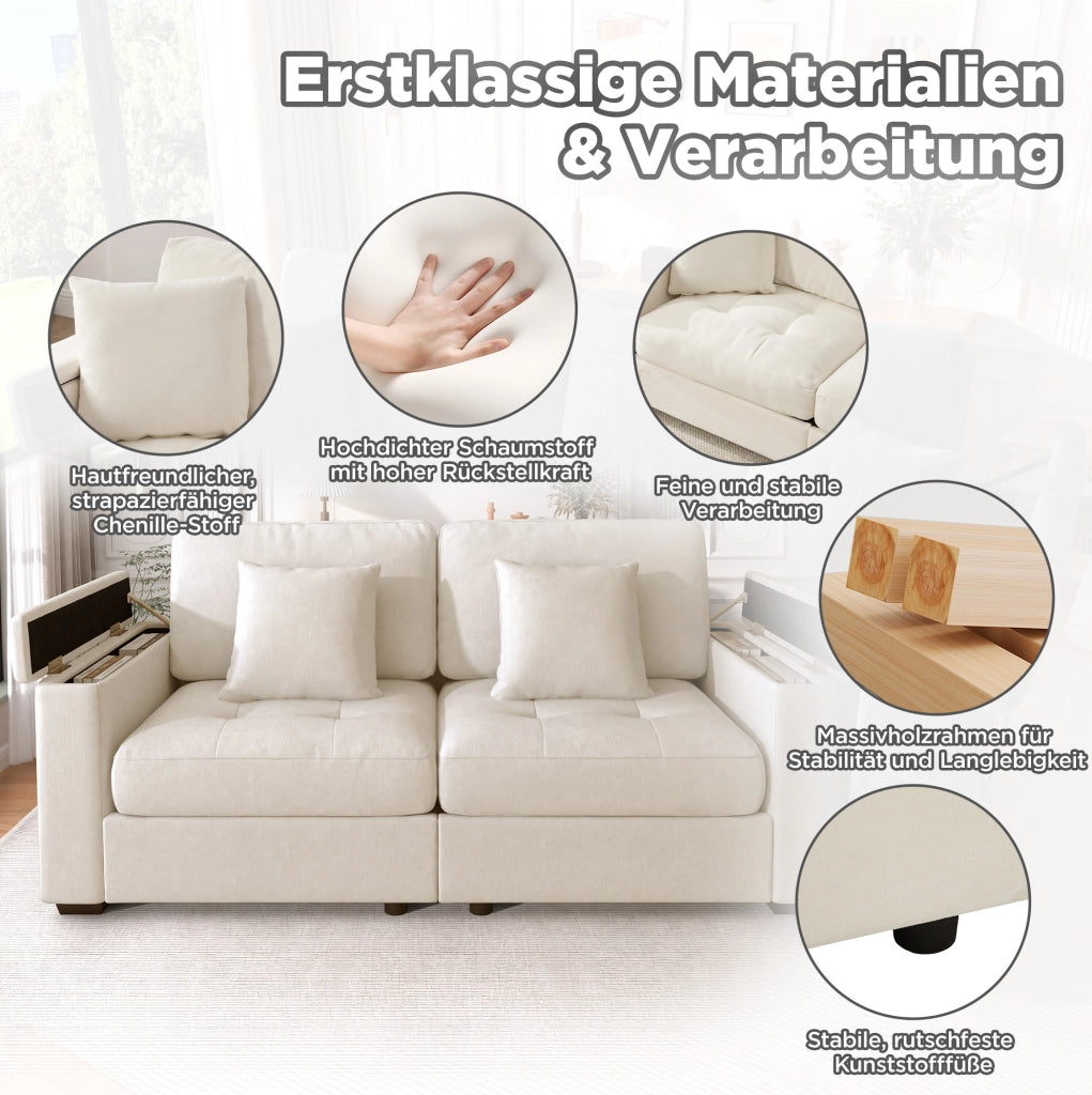 Divano 2 posti in ciniglia beige con contenitori e 2 cuscini