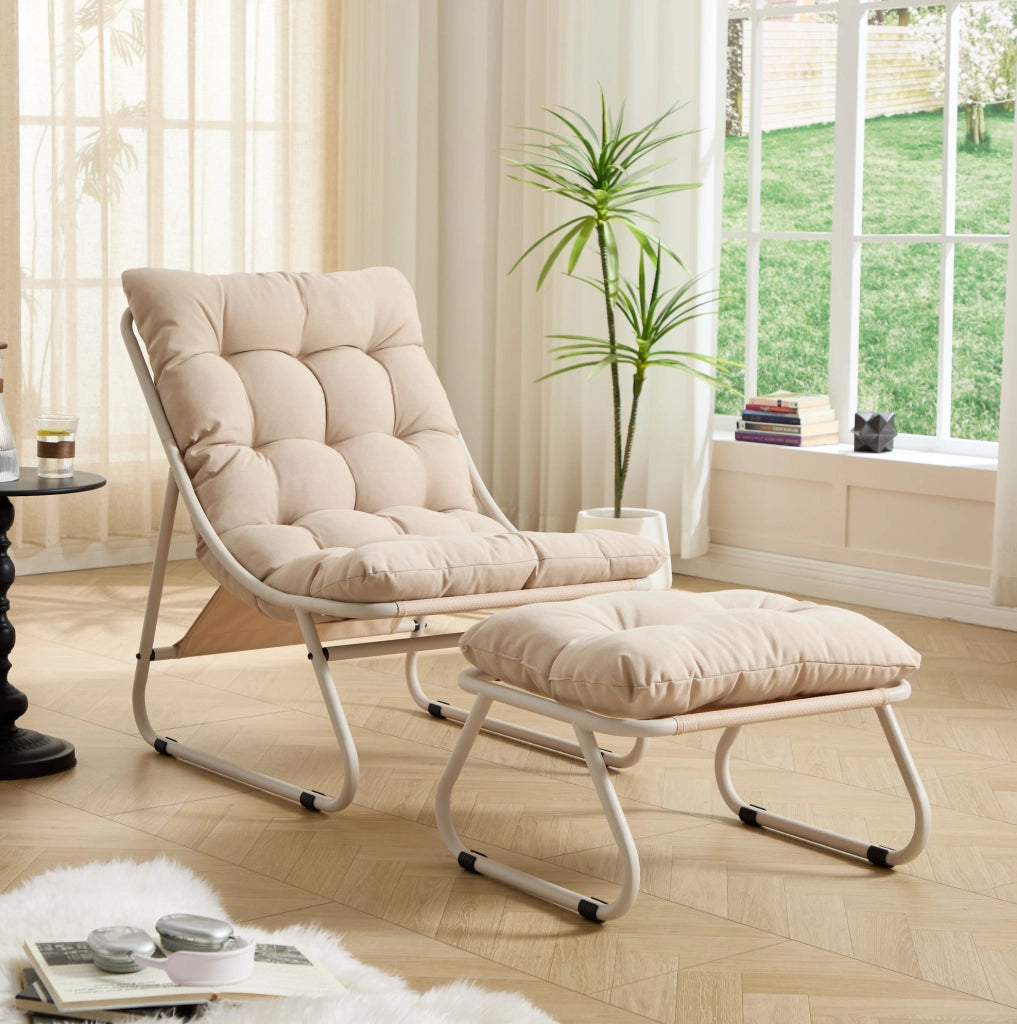 Poltrona da Giardino con Poggiapiedi Beige, Sedia Lounge in Acciaio con Cuscino Morbido per Interni ed Esterni