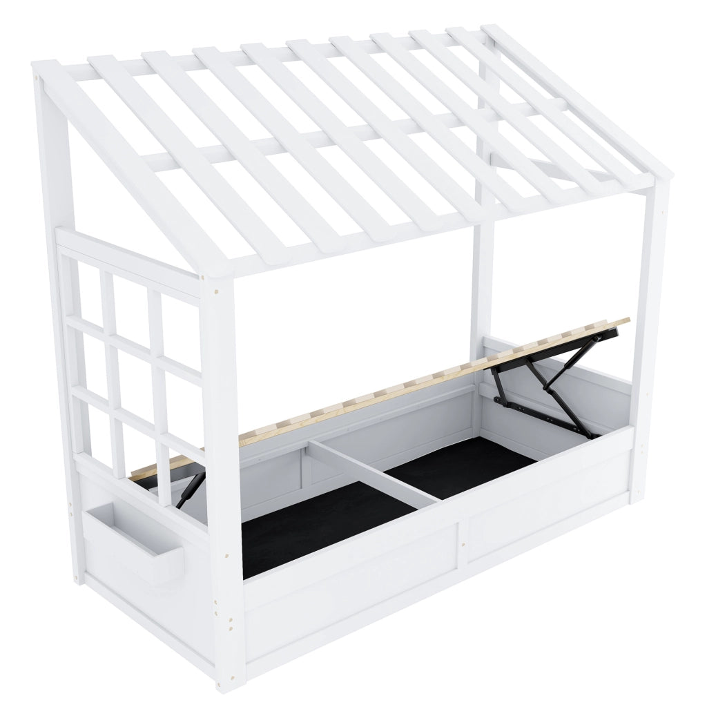 Letto a forma di casa ULEVR 90x200 cm con contenitore idraulico e vani laterali, bianco
