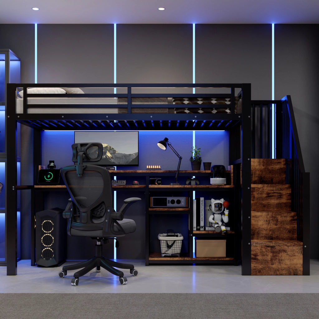 Letto a soppalco per bambini 90x200 cm con LED; USB e Type-C; scala con ripiani; metallo e MDF nero