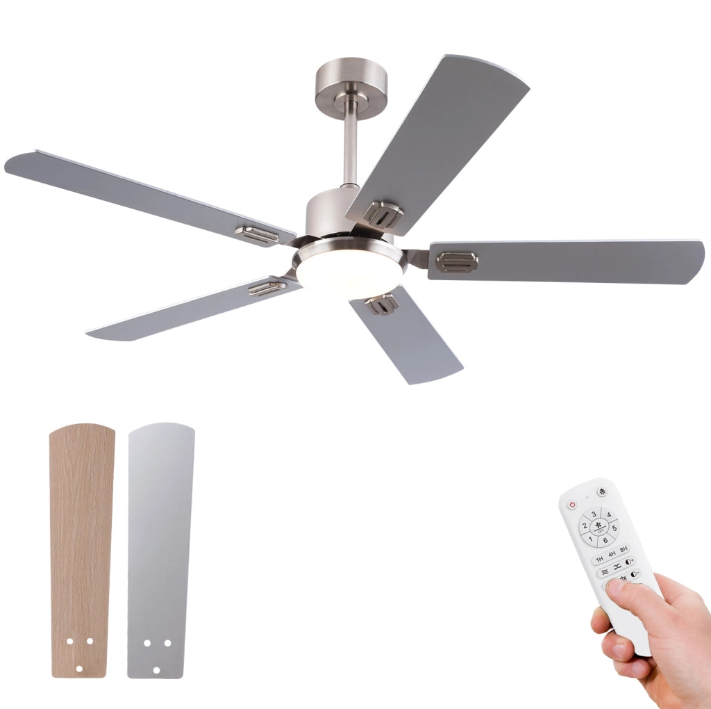 Ventilatore da soffitto con luce LED dimmerabile e telecomando; metallo e legno; color nichel