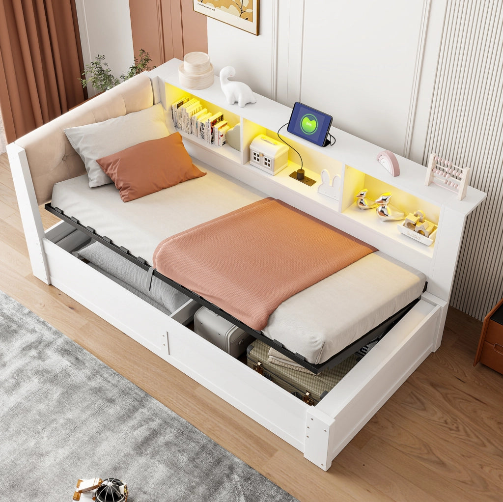Letto singolo 90x200 cm con contenitore laterale, LED e USB