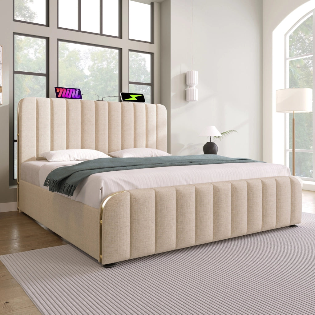 Letto imbottito contenitore 140x200 cm con USB e Type-C; beige