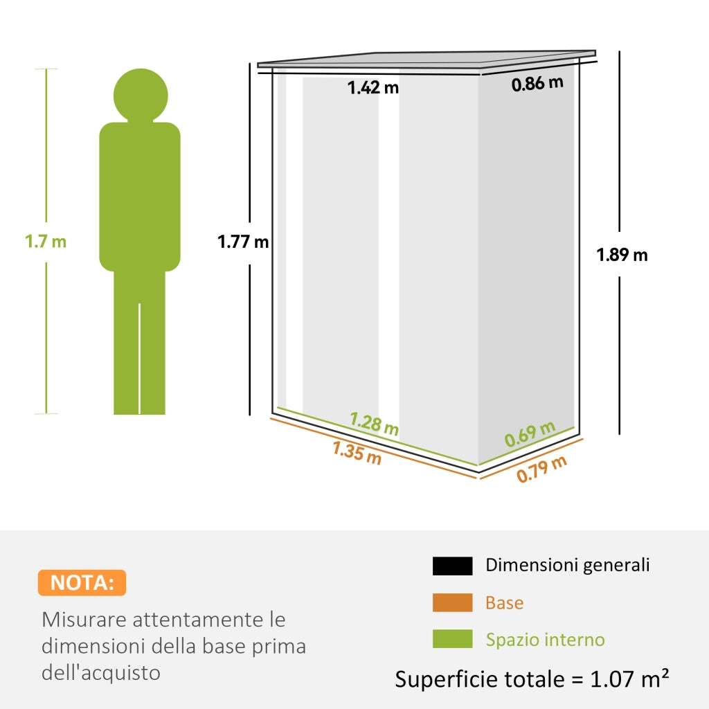 Capanno porta attrezzi da giardino in metallo grigio scuro, casetta con tetto inclinato e porta bloccabile, robusto e pratico, 142x86x189 cm