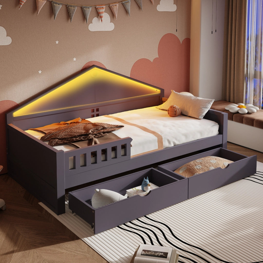 Letto multifunzione 90 x 200 cm con LED e due cassetti