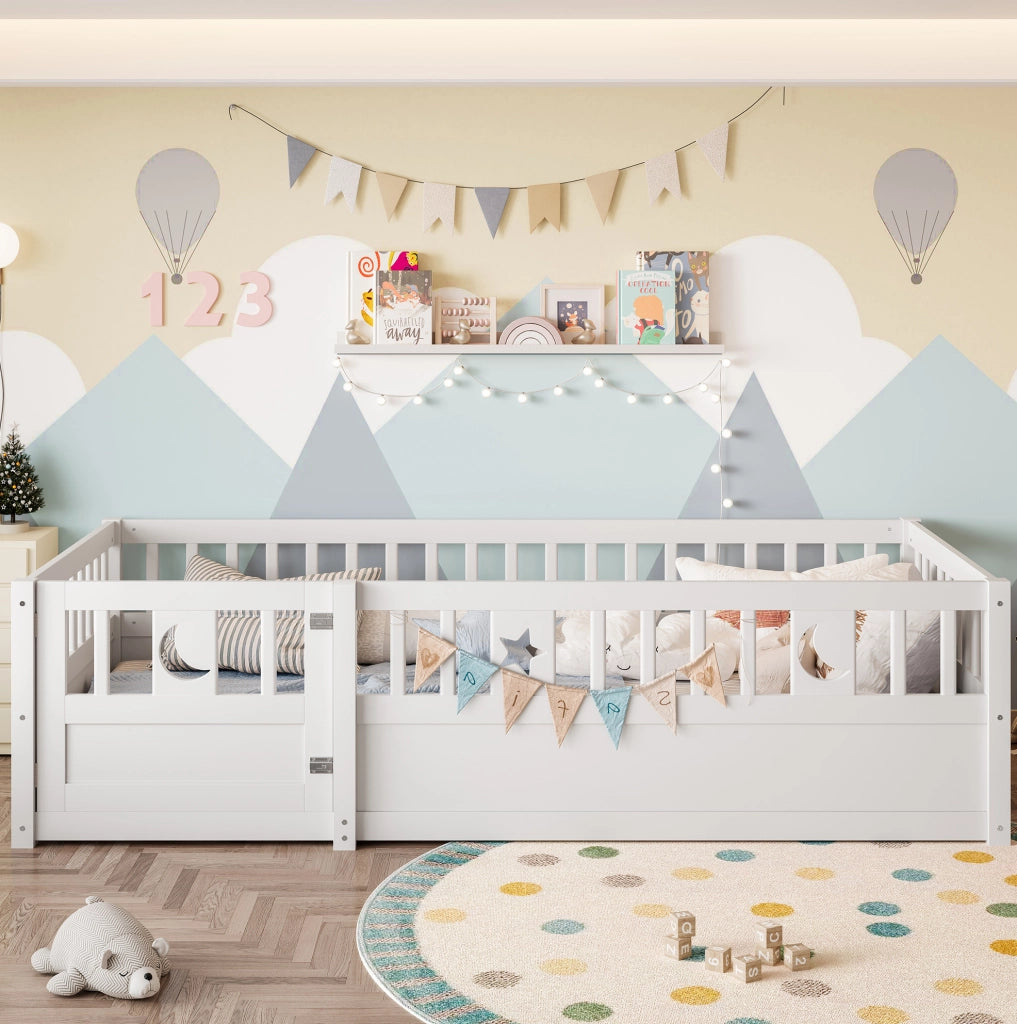 Letto per bambini 90x190 cm con spondine di sicurezza e chiusura; in pino e multistrato bianco