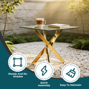 Tavolo da pranzo quadrato 80x80x75 cm con piano in vetro temperato e gambe in metallo dorato