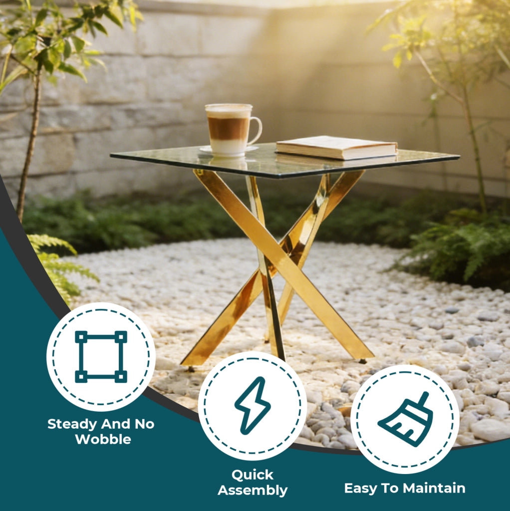 Tavolo da pranzo quadrato 80x80x75 cm con piano in vetro temperato e gambe in metallo dorato