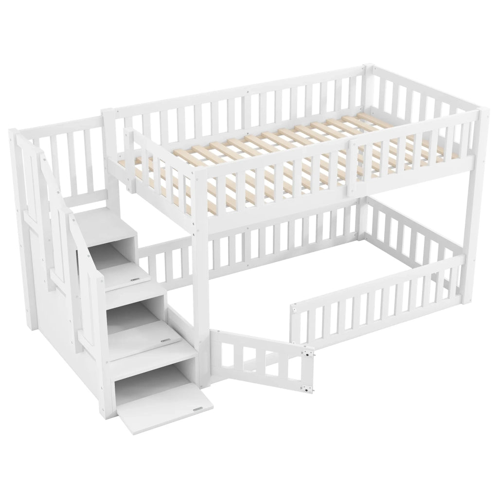 Letto a castello 90x200 cm, bianco, con scala dotata di spazio contenitore