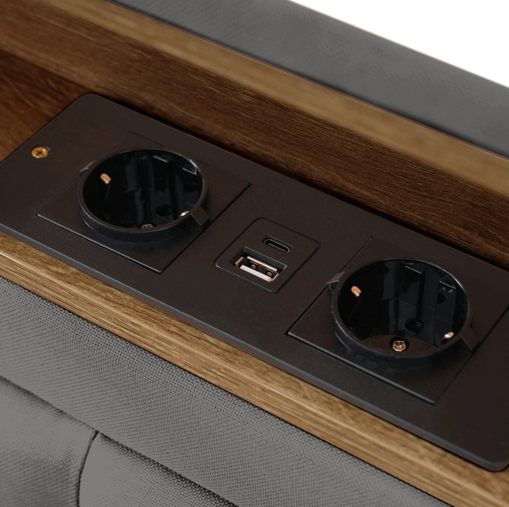Letto imbottito 140x200 con testiera regolabile, USB e contenitore