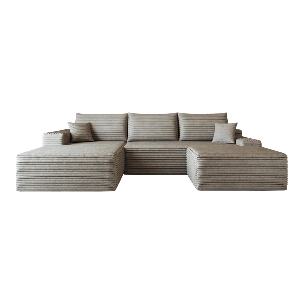 Divano angolare modulare con chaise longue e seduta profonda, imbottito in tessuto a coste color cammello