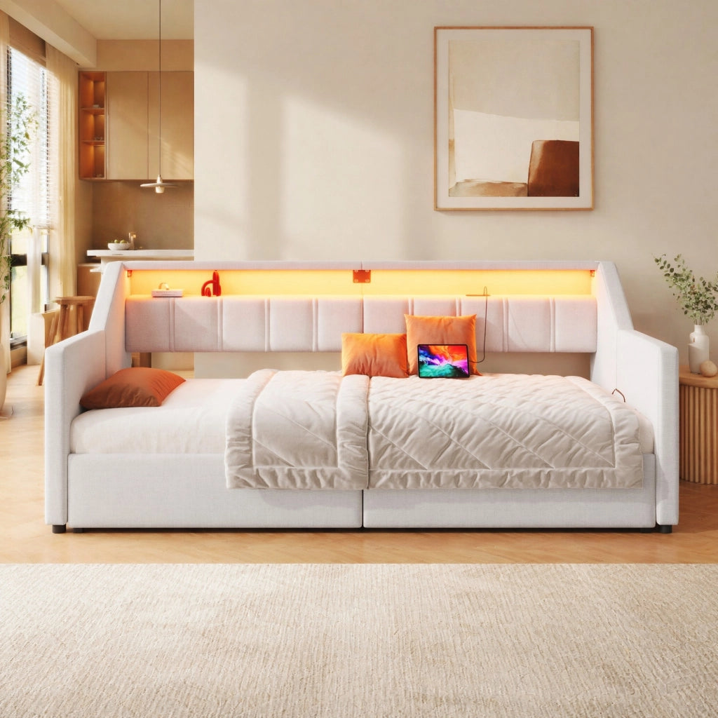 Letto daybed multifunzionale 90 x 200 cm con USB, Type-C, LED e 2 cassetti beige
