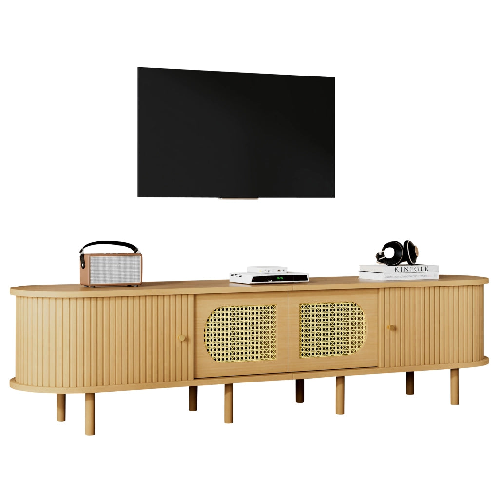 Mobile TV in MDF color legno chiaro 180 x 40 x 40 cm con ante in rattan; per TV fino a 75 pollici