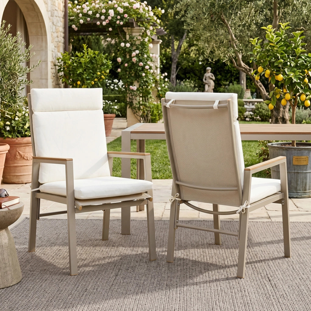 Set di 2 Sedie da Pranzo da Esterno con Braccioli in Legno Plastica e Seduta in Textilene, Struttura in Ferro Zincato, Khaki e Beige