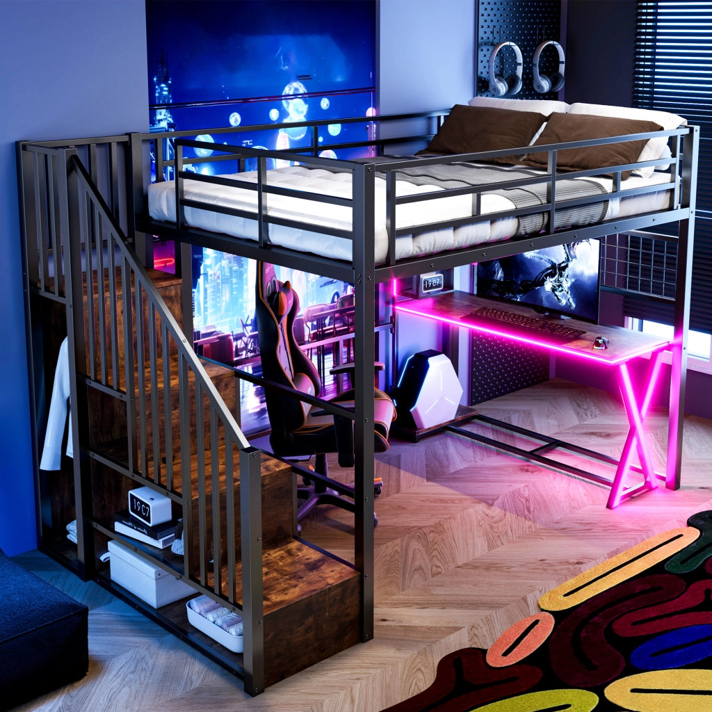 Letto a Soppalco 140x200 cm con Scrivania; Armadio; LED; Scala e Sponde; Nero