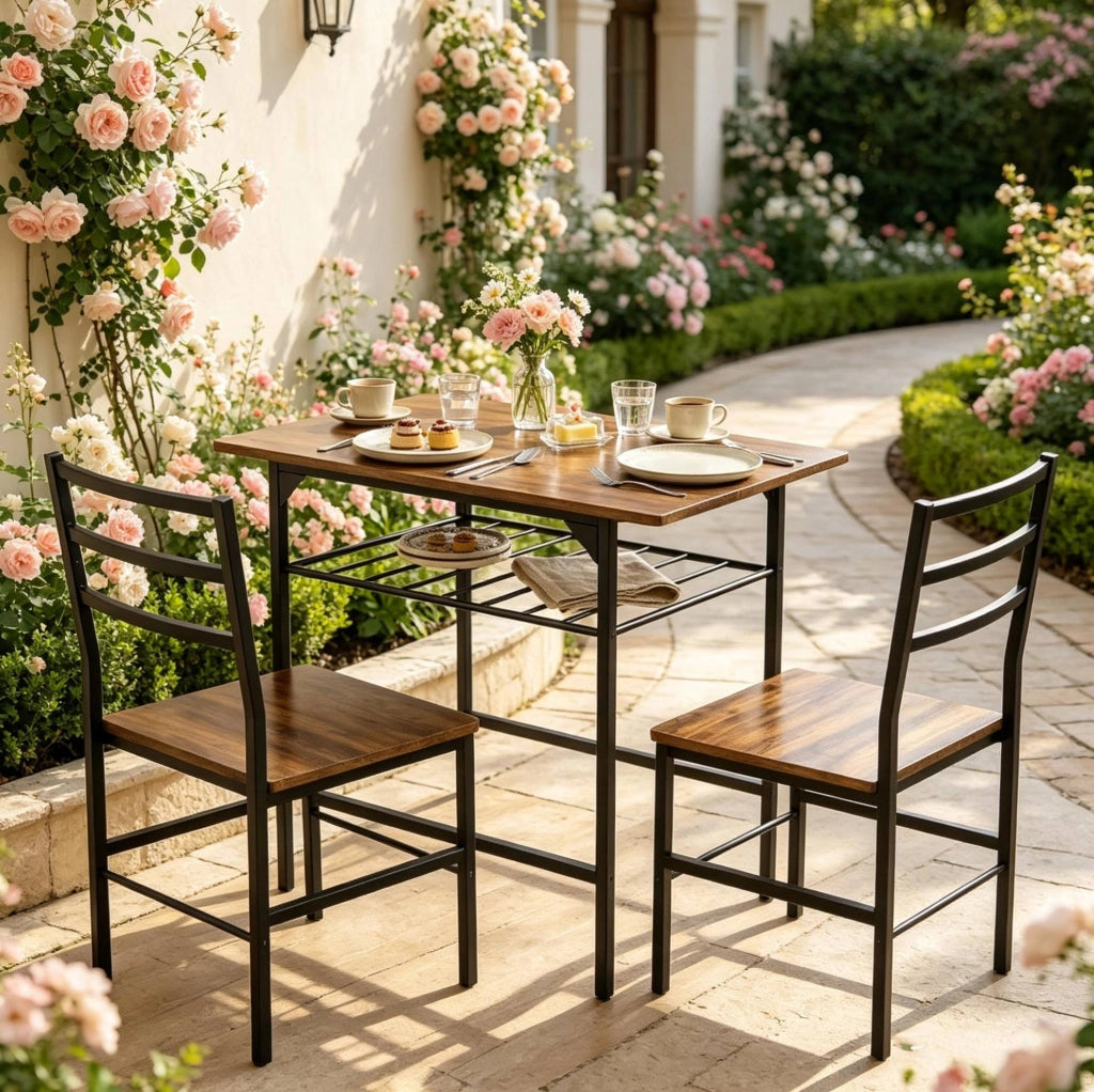 Set da pranzo compatto con tavolo 80x50 cm e 2 sedie in legno rustico e metallo nero