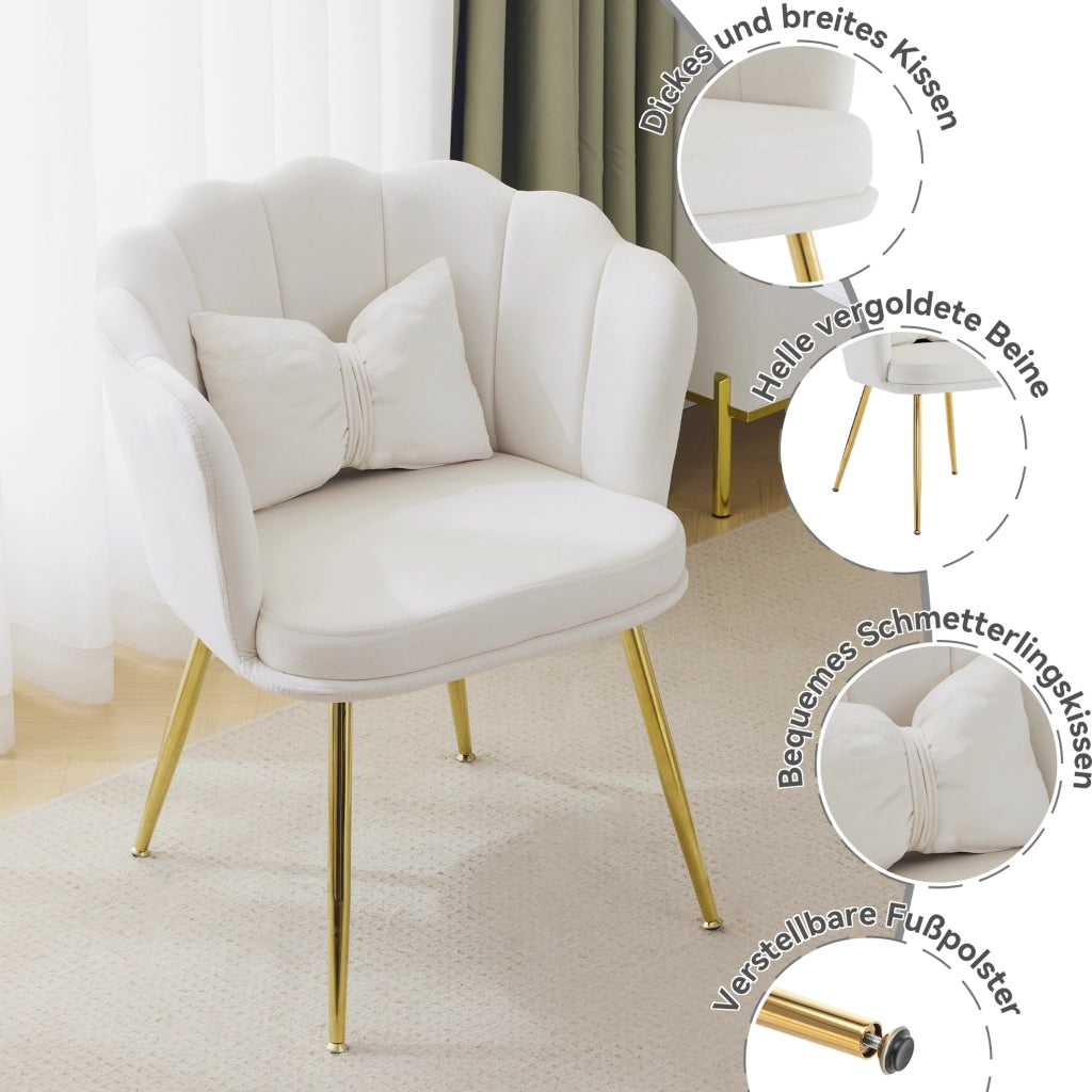 Poltrona imbottita in velluto beige con schienale a petalo e gambe in metallo dorato