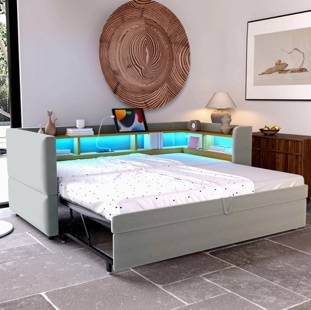 Divano letto estraibile 90/180x190 cm con LED, prese e vani in flanella grigio chiaro