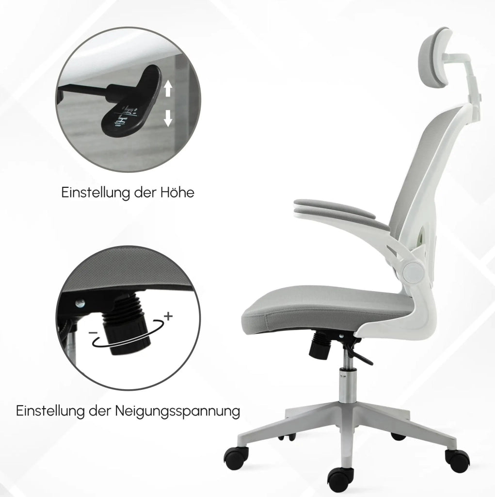 Sedia da ufficio ergonomica grigia con schienale in rete, poggiatesta regolabile e funzione dondolo, 65x64x114-122 cm