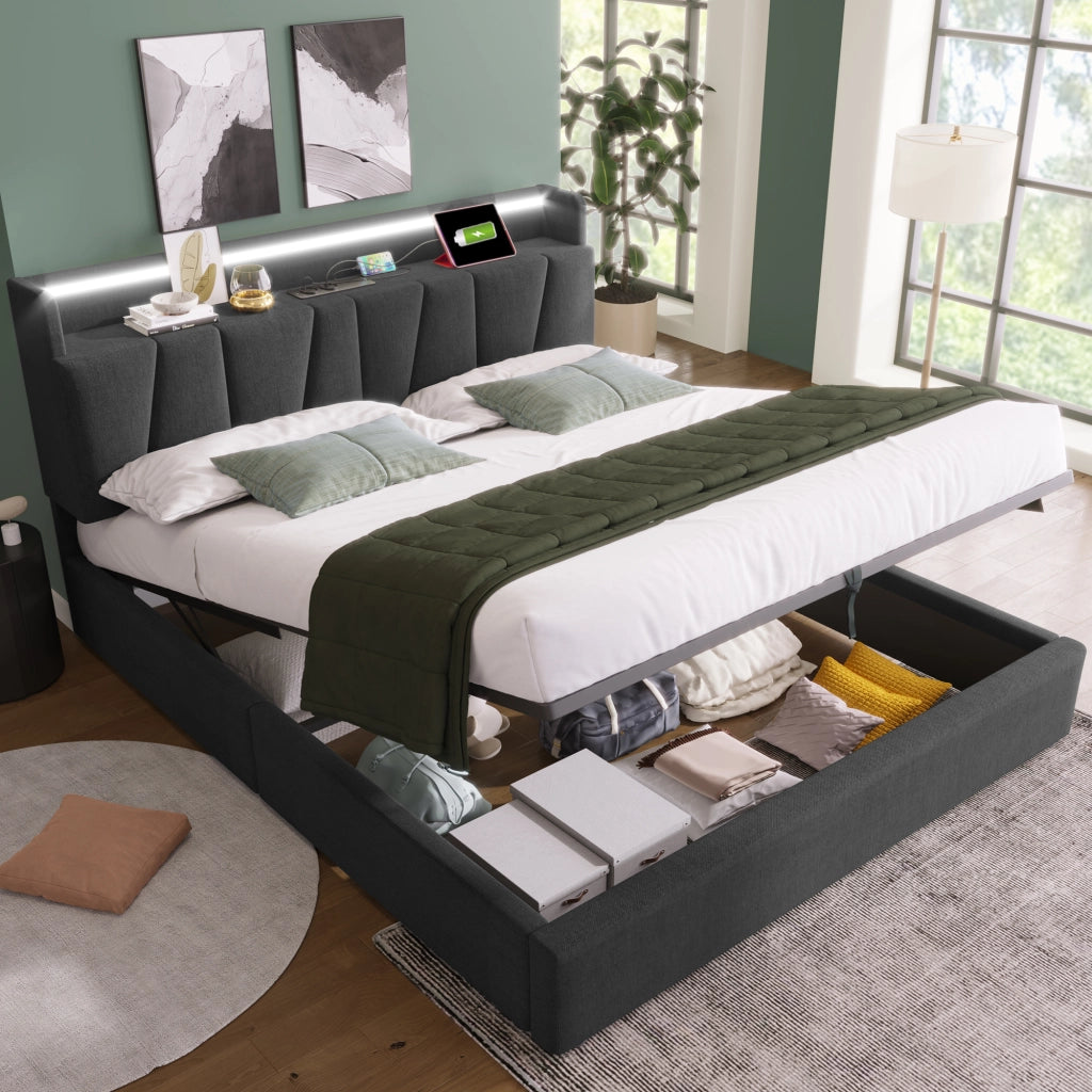 Letto contenitore 140 × 200 cm con testiera portaoggetti; prese USB e Type-C; LED RGBW; lino grigio