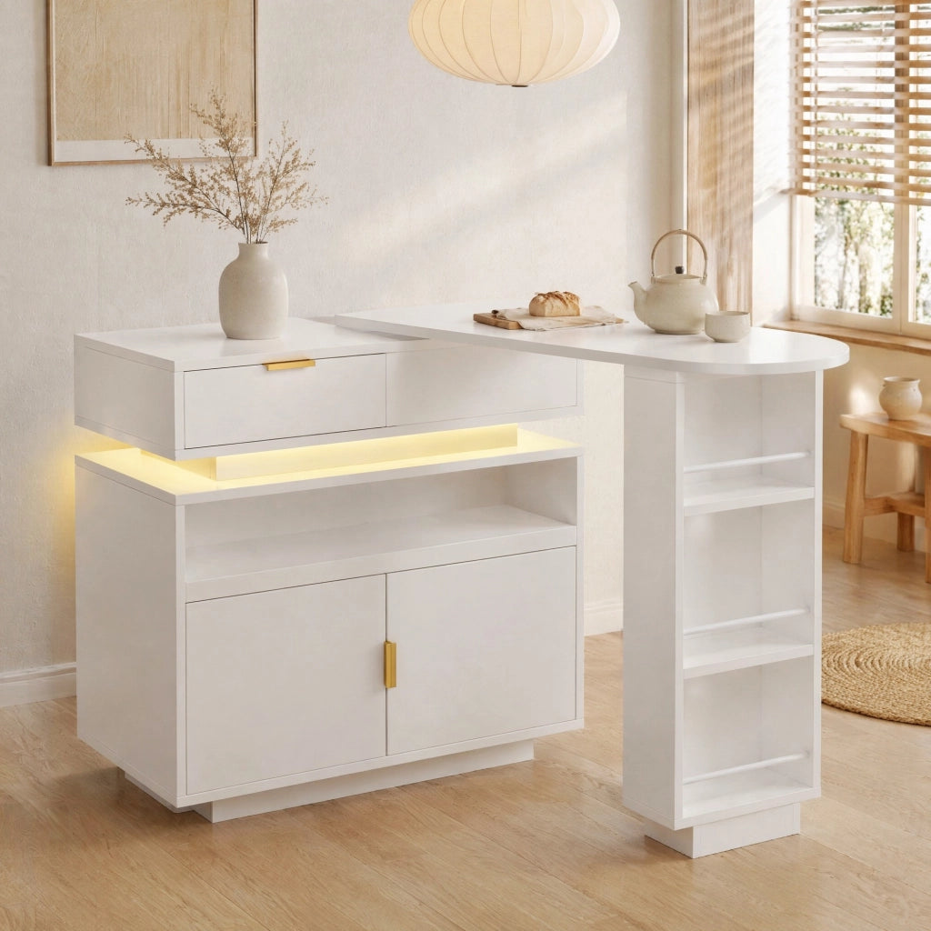 Isola da cucina allungabile e girevole con LED; 115-183 x 40 x 99;5 cm; bianco
